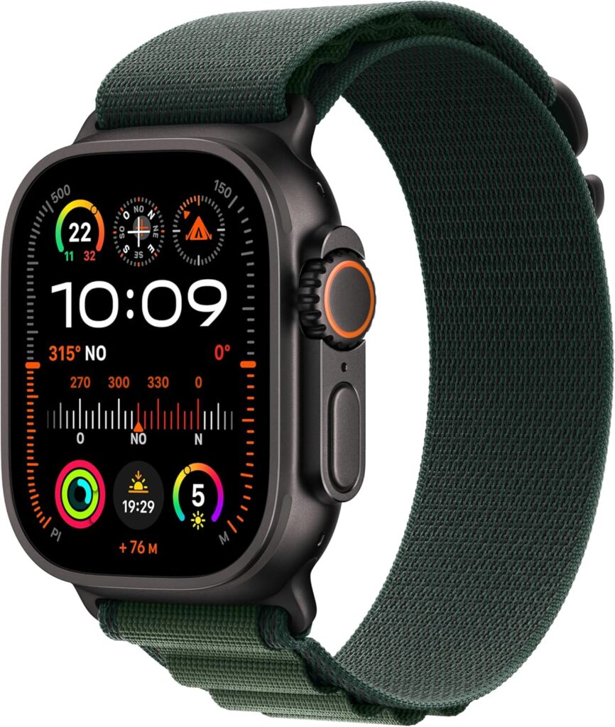 Apple Watch Ultra 2 49 mm Titane Noir avec Boucle Alpine Vert Foncé affichant son écran lumineux et robuste.
