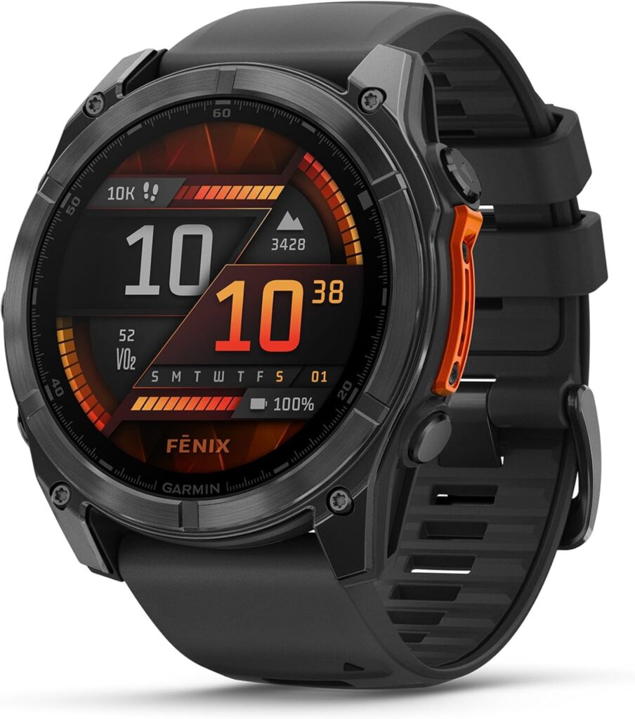 Montre connectée Garmin Fēnix 8 avec écran AMOLED, bracelet noir et interface sport affichée