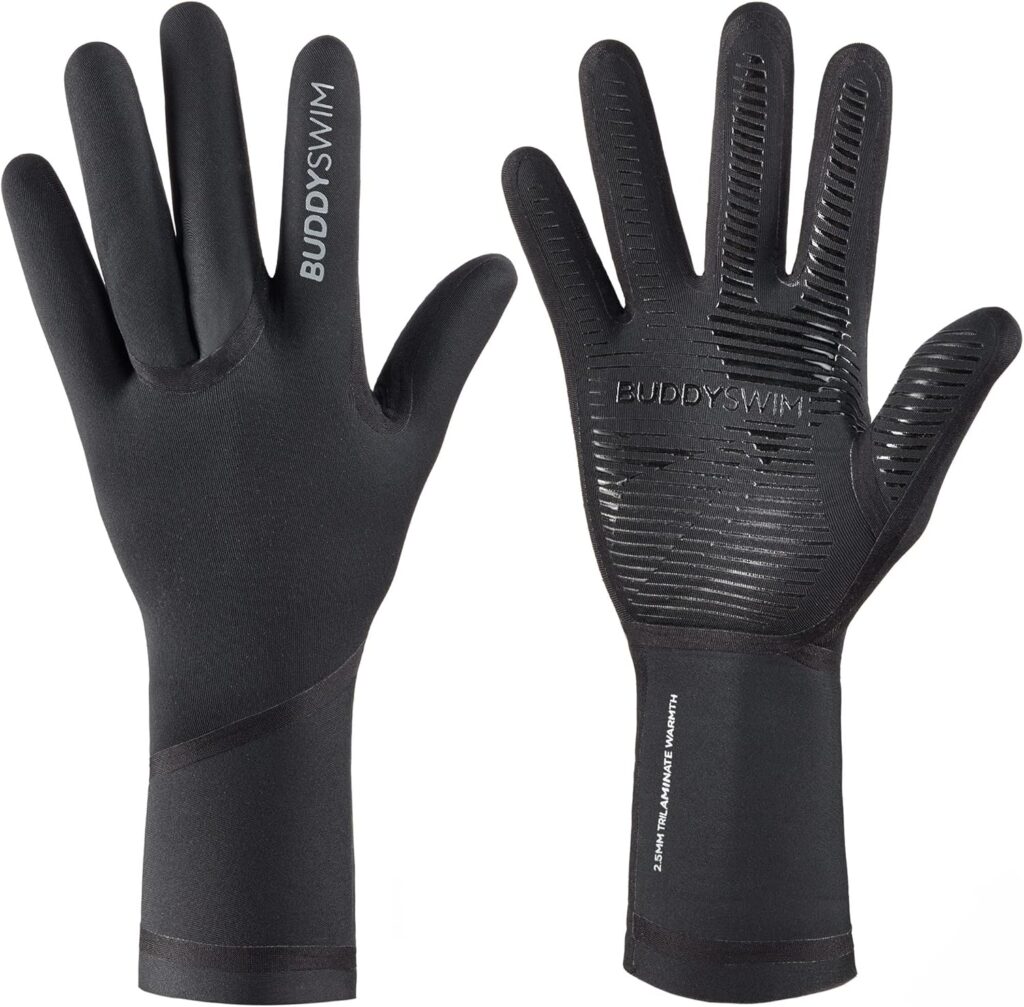 Gants de natation en néoprène BUDDYSWIM Trilaminate Warmth 2,5 mm noirs, avec paume antidérapante et finition étanche