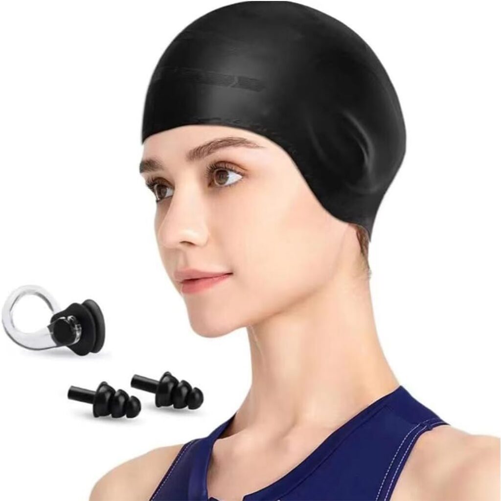 Bonnet de bain en silicone 3D avec protection des oreilles, pince-nez et bouchons d’oreille, idéal natation et sports aquatiques