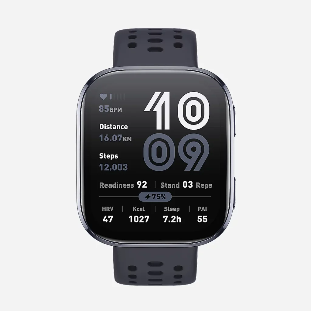 Montre connectée GPS/Cardio Amazfit Bip 6 noire avec écran AMOLED 1,97 pouce et bracelet silicone.