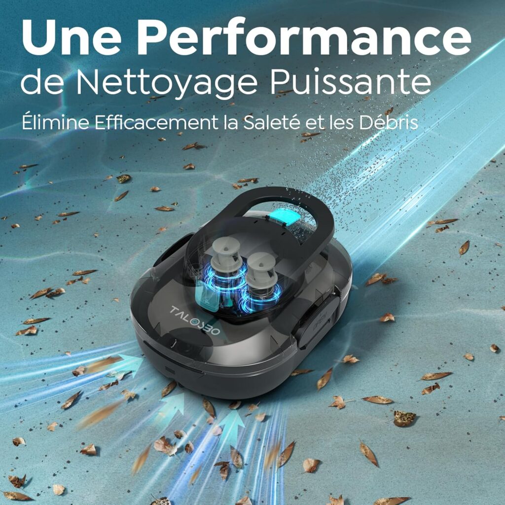 Robot piscine sans fil Pleco S1 nettoyant le fond d’une piscine hors sol à fond plat