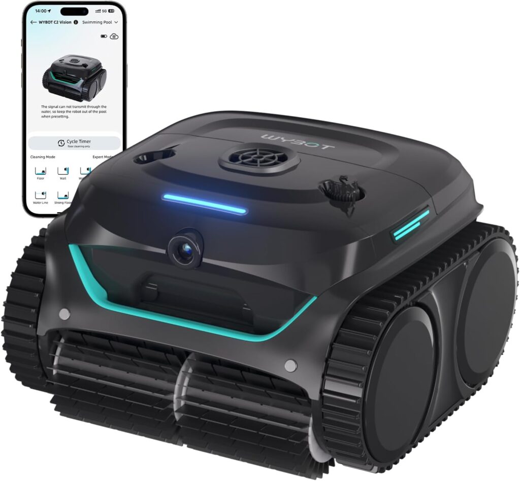 Robot piscine WYBOT C2 Vision‑A avec caméra IA nettoyant fond, parois et ligne d’eau avec filtration ultra‑fine.