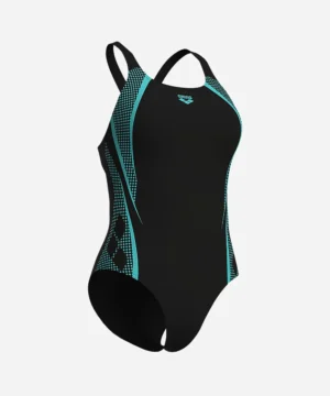 Découvrez le maillot de bain 1 pièce Arena Graphic noir et bleu : confortable, extensible et résistant, idéal pour la natation loisir et régulière.