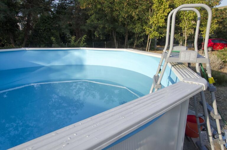 View of metal frame swimming pool ready for a bath