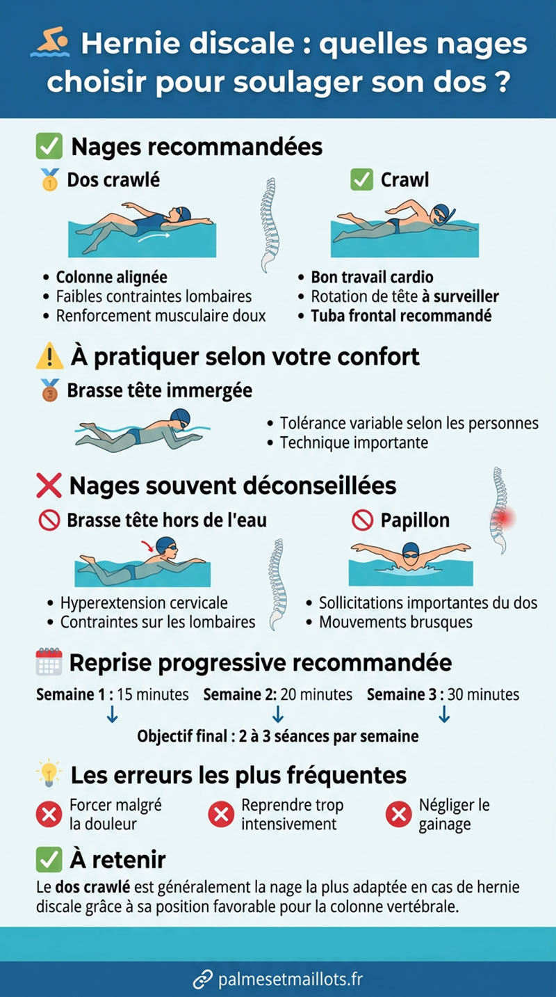 Les meilleures nages pour soulager le dos en cas de hernie discale et les erreurs à éviter à la piscine.