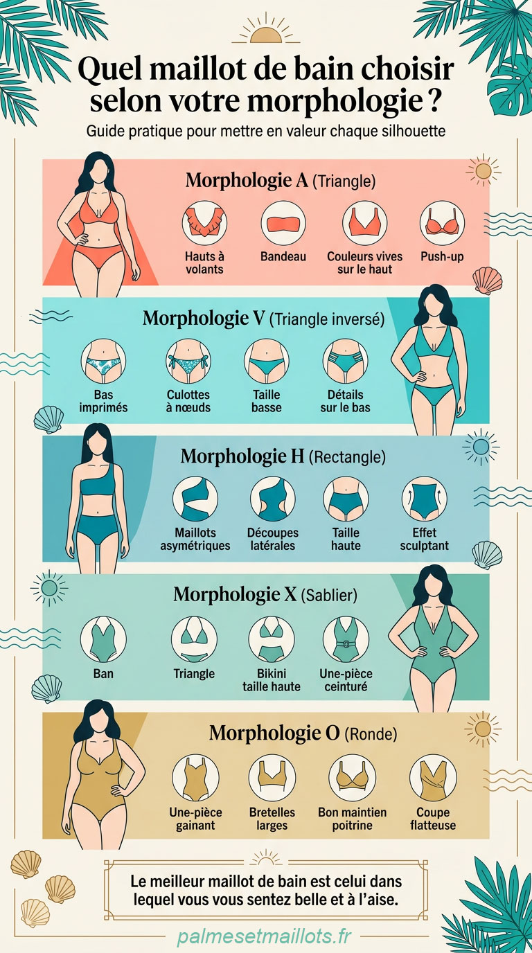 Infographie présentant les différents maillots de bain recommandés selon la morphologie féminine : A, V, H, X et O.