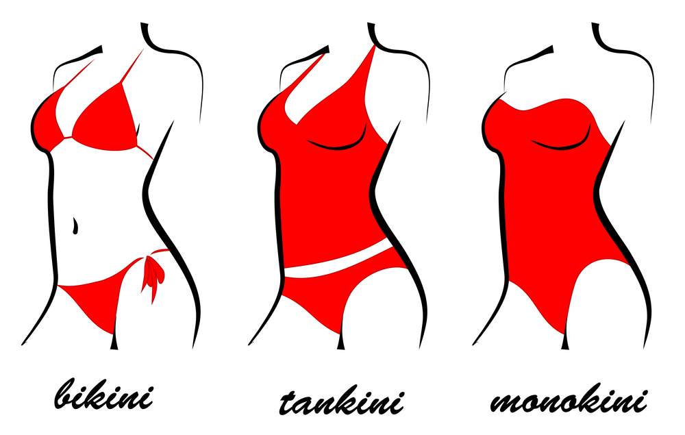 three types of swimsuits. bikini, tankini, monokini. silhouette