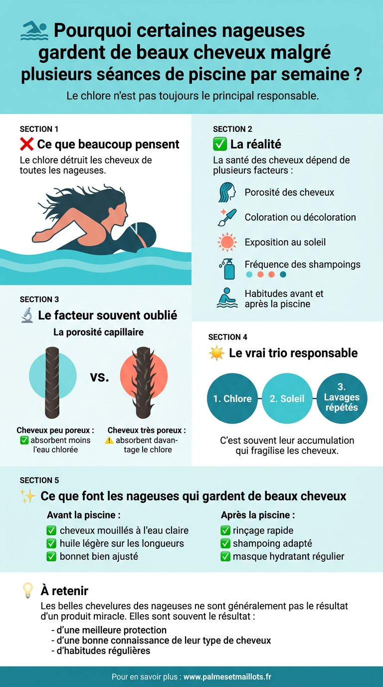 La porosité des cheveux, le soleil, les colorations et les habitudes de soin expliquent souvent pourquoi certaines nageuses préservent mieux leur chevelure.